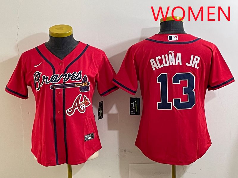 Women Atlanta Braves #13 Acuna jr Red Game 2025 Nike MLB Jersey style 4->women mlb jersey->Women Jersey
